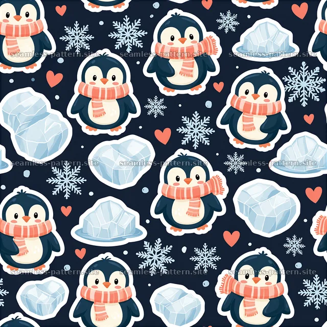 Cute charming sticker-style seamless pattern with penguins and ice — seamless tileable pattern