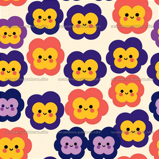 Cute flower faces seamless pattern with bright colors — seamless tileable pattern