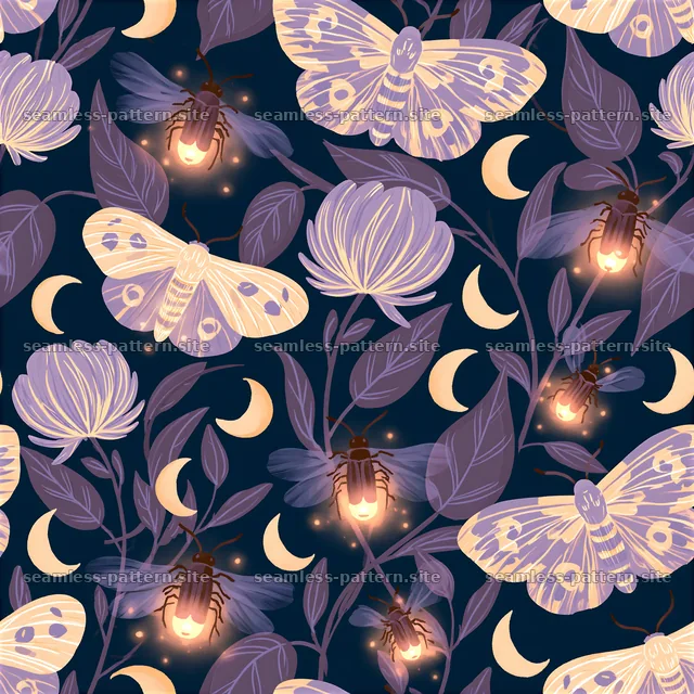 Colorful butterflies and glowing insects in dark floral pattern — seamless tileable pattern