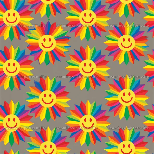 Rainbow Smiley Sunflower Seamless Pattern on Gray — seamless tileable pattern