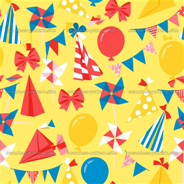 Birthday wrapping paper repeat pattern with colorful party elements — seamless tileable pattern