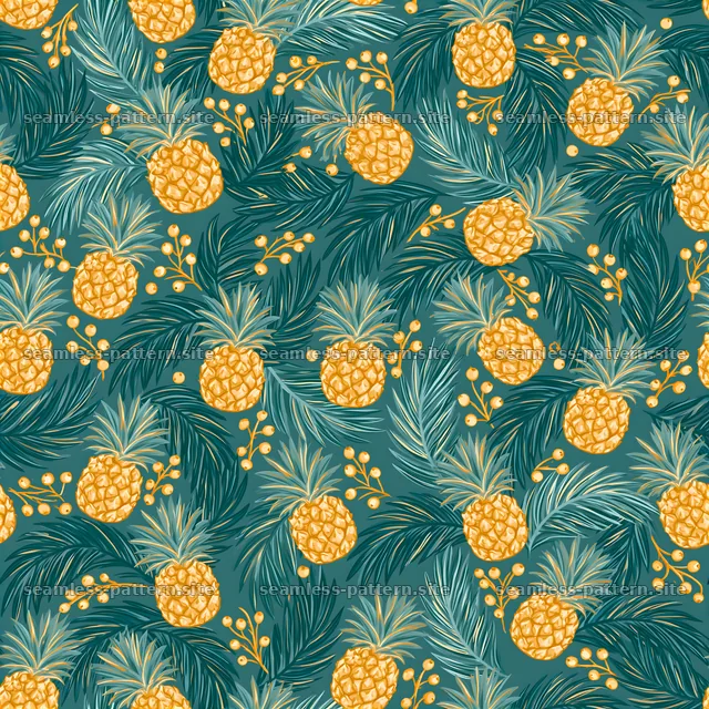 Colorful pineapple and leafy seamless pattern on teal background — seamless tileable pattern
