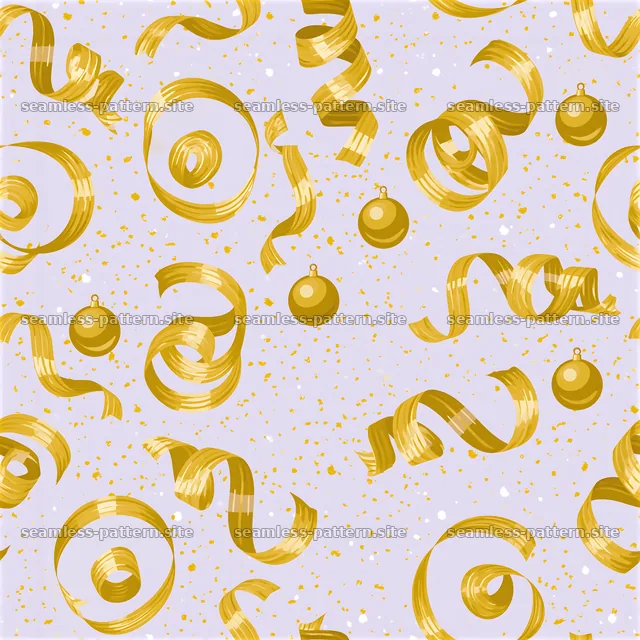 Gold Christmas ornaments and curling ribbons seamless pattern — seamless tileable pattern