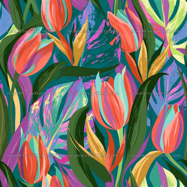 Colorful Tulip and Tropical Foliage Seamless Pattern — seamless tileable pattern