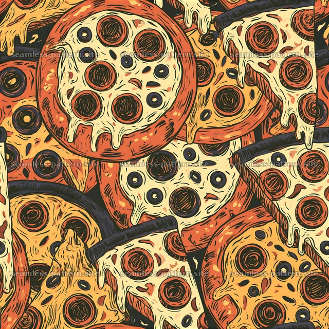 Seamless sketch pizza pattern with pepperoni and olives — seamless tileable pattern