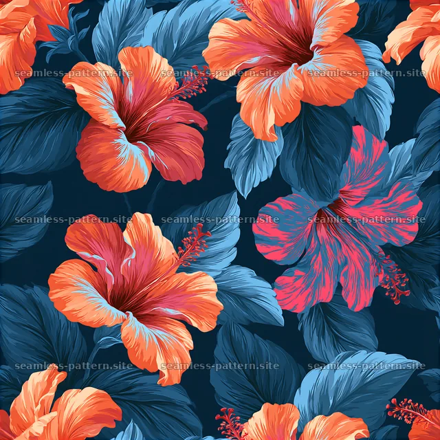 Vibrant hibiscus seamless pattern with blue leaves on a dark background — seamless tileable pattern