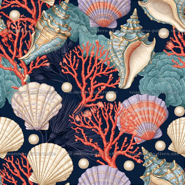 Colorful gouache seamless pattern of shells and coral on dark background — seamless tileable pattern
