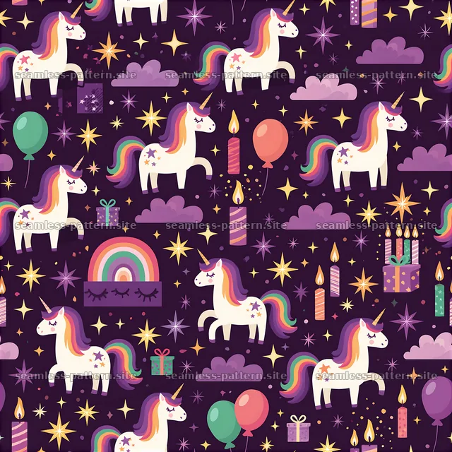 Colorful unicorns in a festive setting with balloons and gifts — seamless tileable pattern