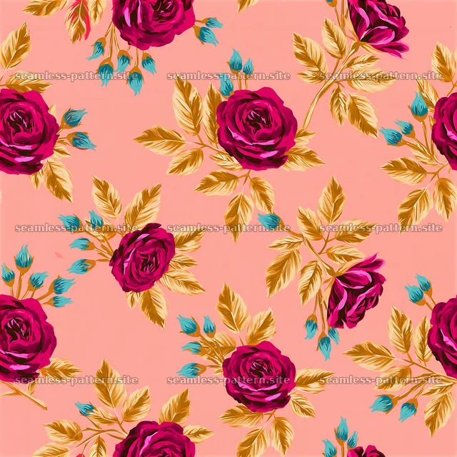 Cheerful rose seamless pattern with pink background and green leaves — seamless tileable pattern