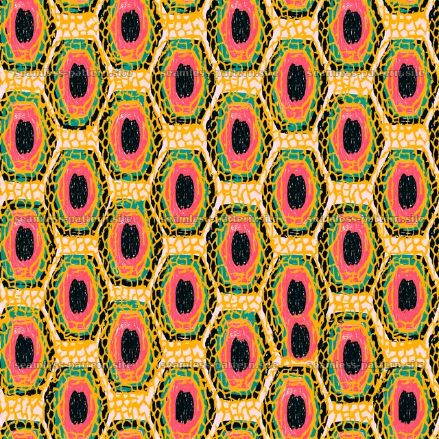 Bold hexagon pattern with red, gold, green, and black tones — seamless tileable pattern