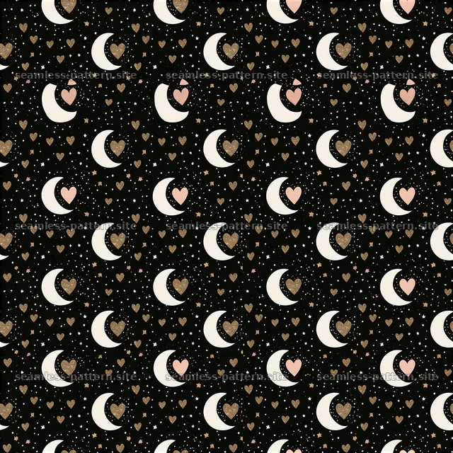 Seamless heart and moon pattern over dark background with stars — seamless tileable pattern