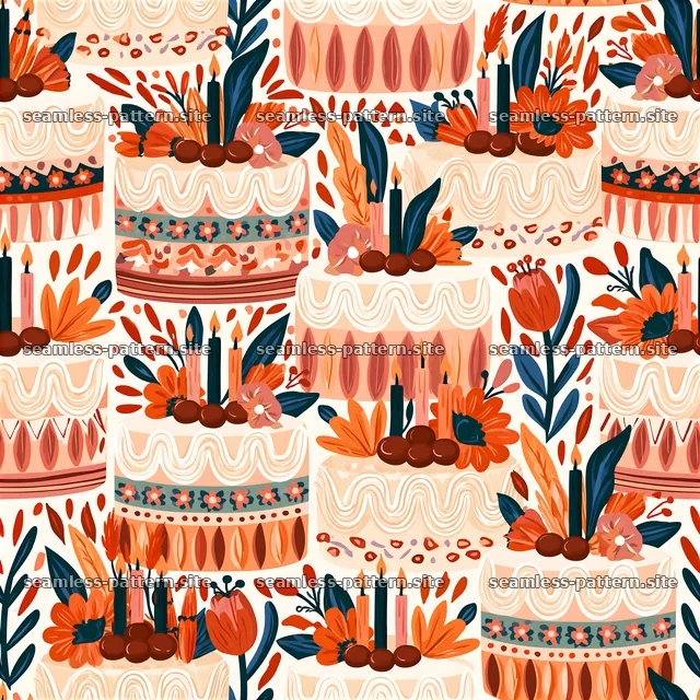 Birthday Cake and Floral Candle Seamless Pattern — seamless tileable pattern