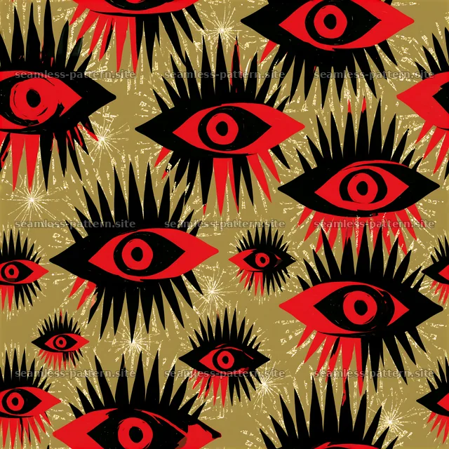 Funky black red gold seamless pattern with bold eye motifs — seamless tileable pattern