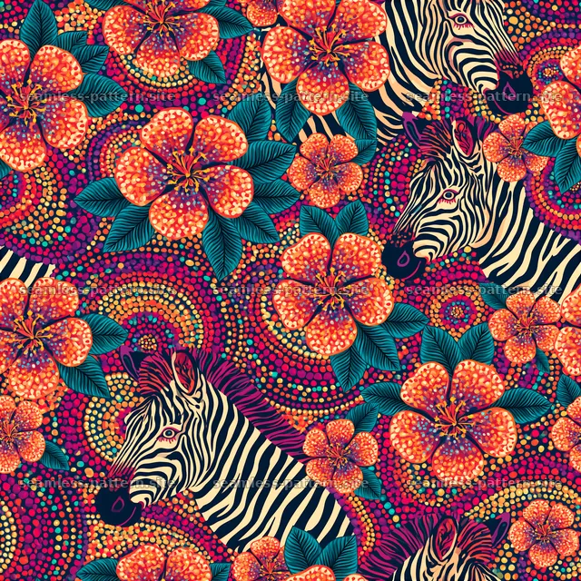 Colorful zebras and flowers in a seamless pattern for design projects — seamless tileable pattern
