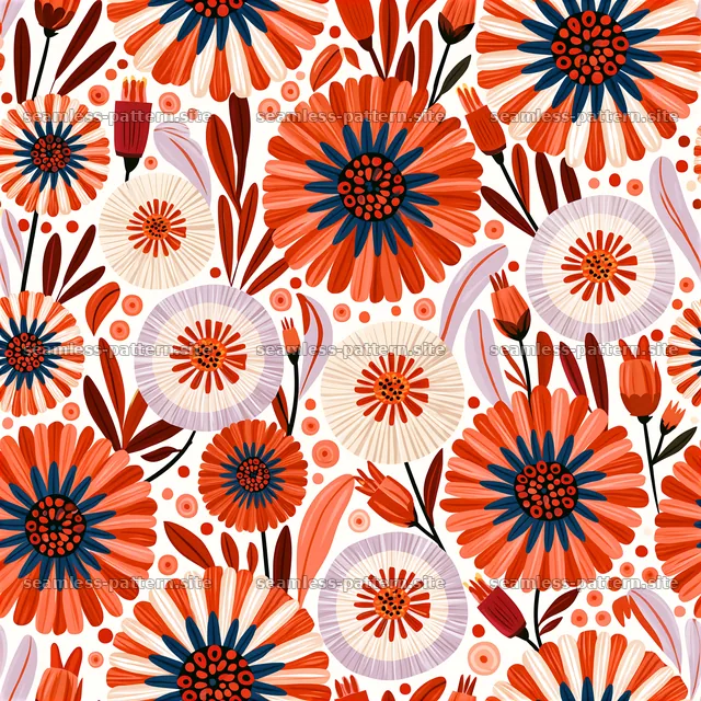 Colorful flowers in a seamless pattern with bold shapes and colors — seamless tileable pattern
