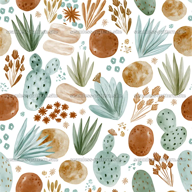 Seamless watercolor textile pattern with cacti and desert elements — seamless tileable pattern