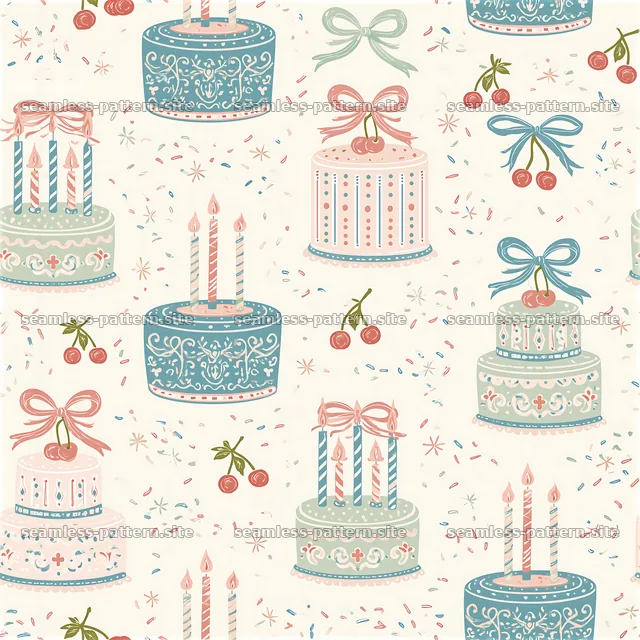 Vintage Birthday Cake and Cherry Seamless Pattern — seamless tileable pattern