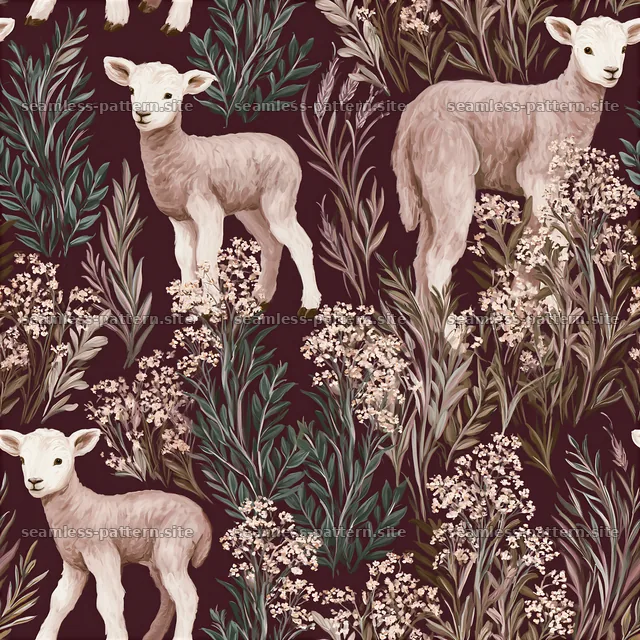 Repeat pattern with gentle lamb illustrations and meadow flowers — seamless tileable pattern