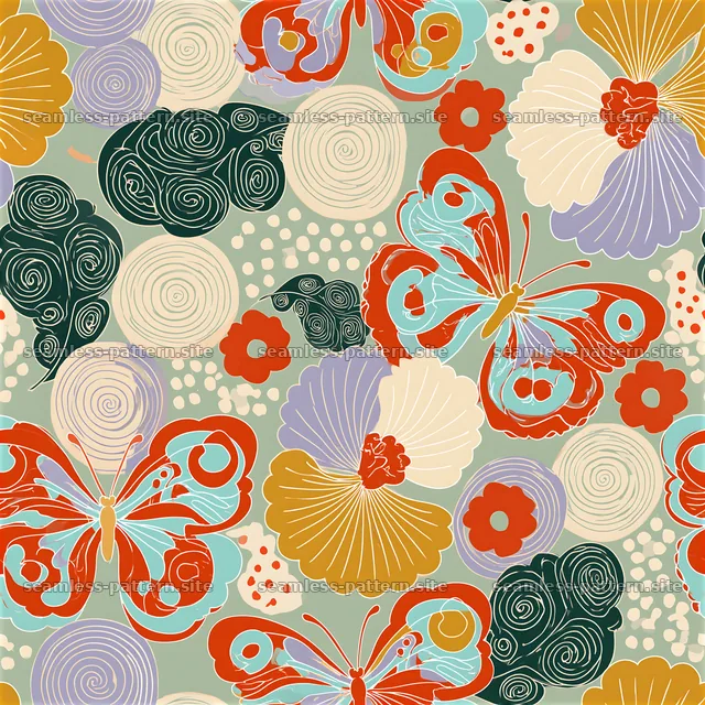 Funky maximalist seamless pattern featuring colorful butterflies and shapes — seamless tileable pattern