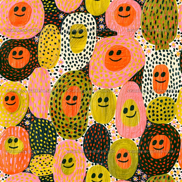 Funky Smiley Seamless Pattern with Colorful Abstract Faces — seamless tileable pattern