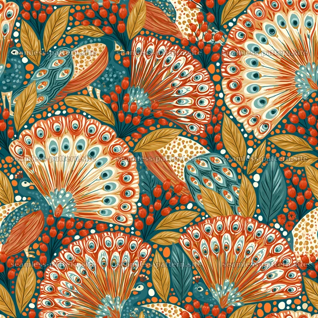 Funky boho seamless pattern with vibrant leaves and intricate details — seamless tileable pattern