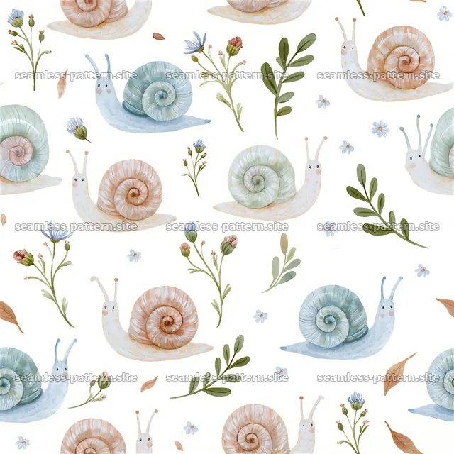 Cute snail seamless pattern for kids with flowers and leaves — seamless tileable pattern