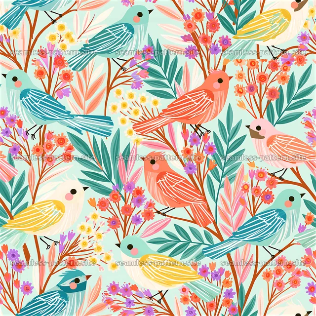 Colorful birds and flowers in a seamless pattern design — seamless tileable pattern