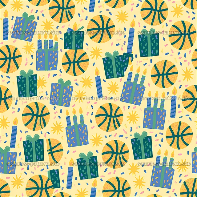 Birthday basketballs, gifts and candles seamless pattern — seamless tileable pattern