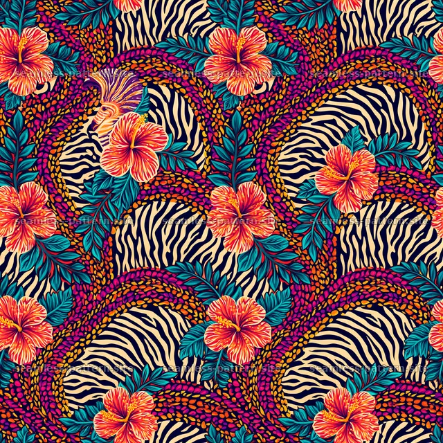 Colorful safari floral seamless pattern with zebra stripes — seamless tileable pattern