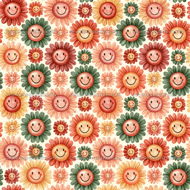 Colorful flowers with smiling faces in a seamless pattern design — seamless tileable pattern