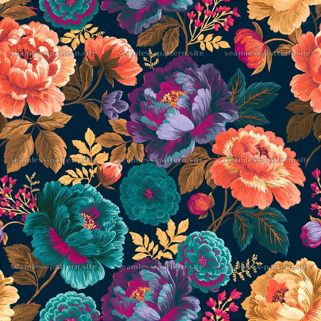 Rainbow floral repeat pattern featuring vibrant blooms — seamless tileable pattern