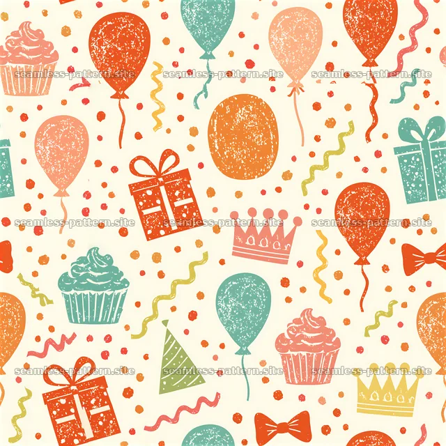 Party theme seamless pattern with cupcakes, balloons, and gifts — seamless tileable pattern