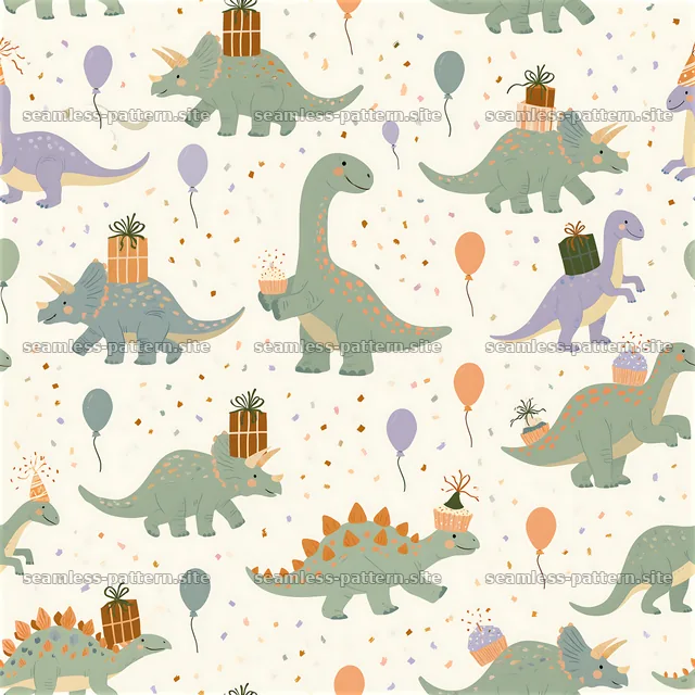 Dinosaur motifs with gifts and balloons in a playful pattern — seamless tileable pattern