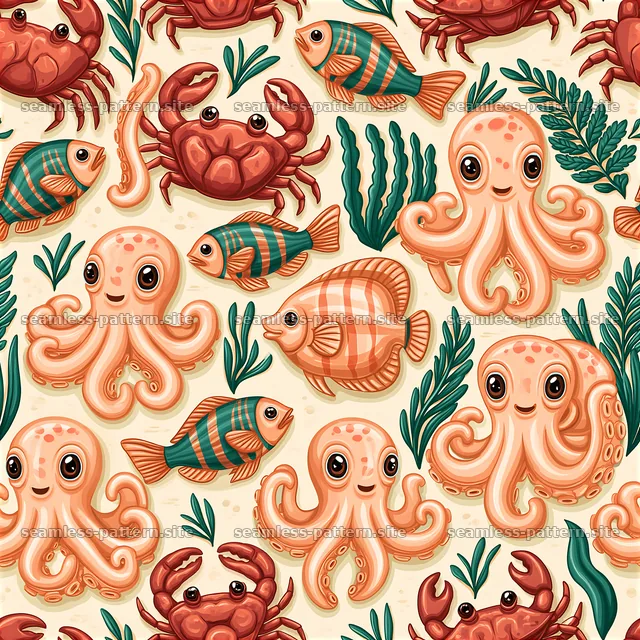 Cute ocean animals design with friendly fish and crabs — seamless tileable pattern