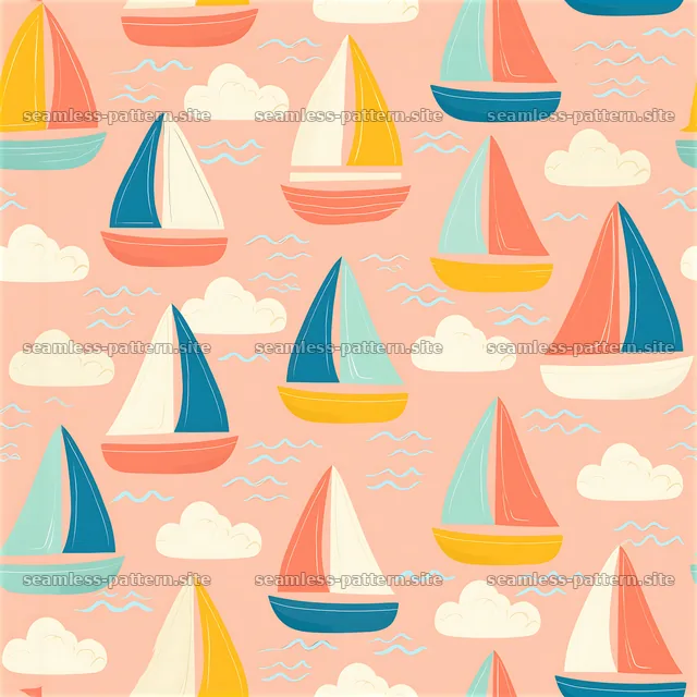 Colorful Sailboat Seamless Pattern on Peach Background — seamless tileable pattern