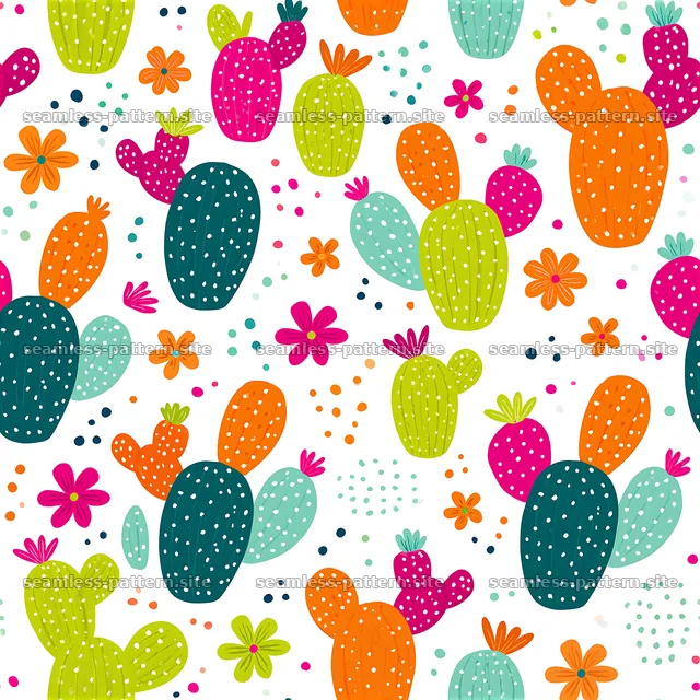 Colorful cactus seamless pattern with flowers and dots — seamless tileable pattern