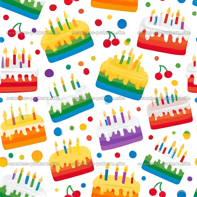 Colorful cake design with candles on a white background — seamless tileable pattern
