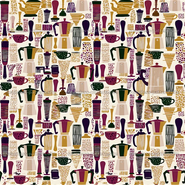 Colorful seamless pattern of coffee equipment on light background — seamless tileable pattern