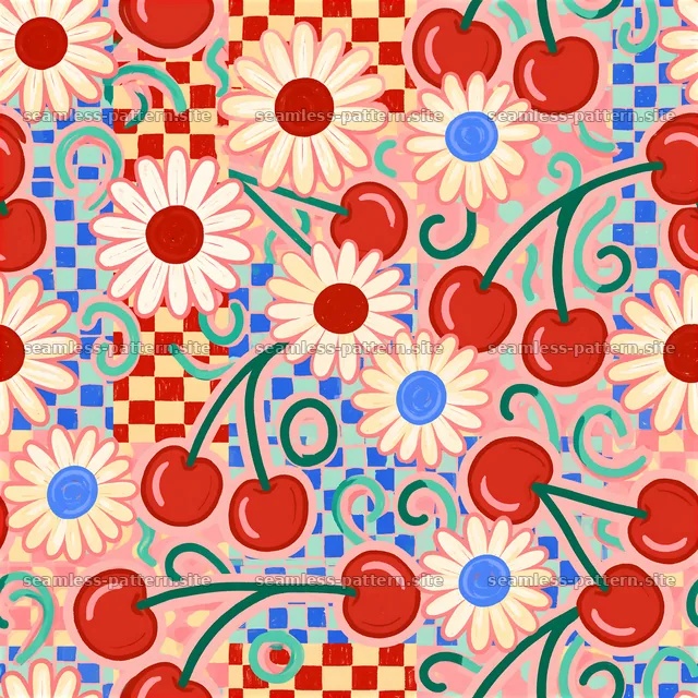 Bright Eclectic Cherry and Daisy Seamless Pattern — seamless tileable pattern