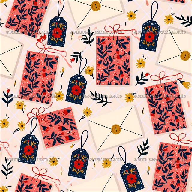 Colorful floral gift wrap and tag design for festive occasions — seamless tileable pattern