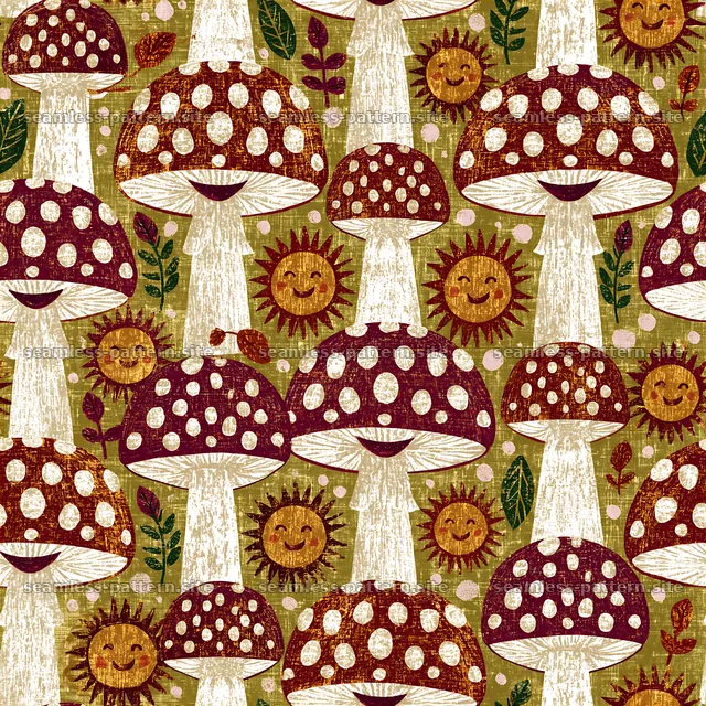 Whimsical Mushroom and Smiling Sun Seamless Pattern — seamless tileable pattern