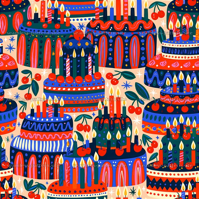 Colorful cake seamless pattern with candles and cherries — seamless tileable pattern