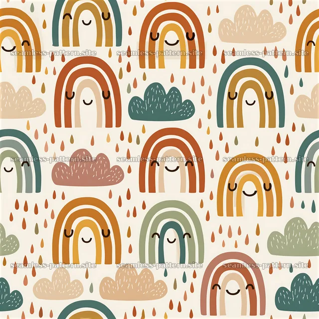 Playful rainbows and clouds in a cheerful layout — seamless tileable pattern