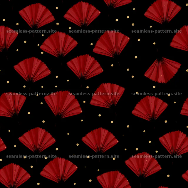 Red Fan Motif on Black with Gold Dots Seamless Pattern — seamless tileable pattern