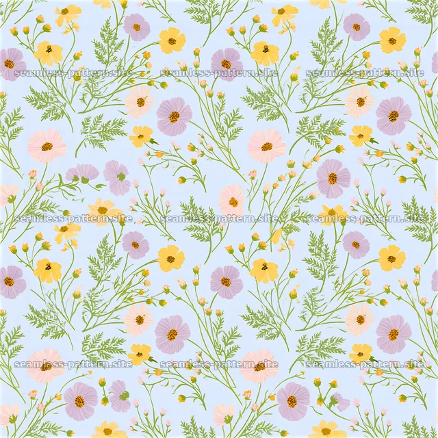 Dense flower repeating pattern with colorful blooms and green stems — seamless tileable pattern