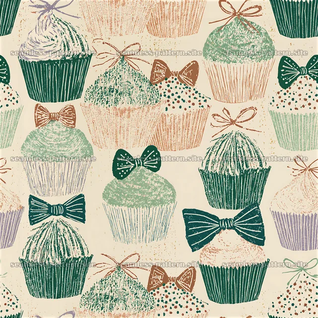 Cute cupcakes in a seamless pattern with bows and sprinkles — seamless tileable pattern
