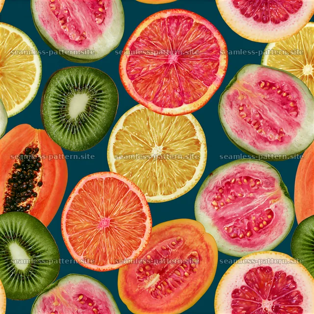 Vibrant tropical fruits seamless pattern with papaya, guava, and citrus — seamless tileable pattern