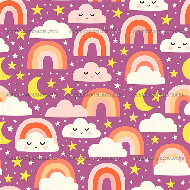 Colorful seamless pattern with rainbows, clouds, stars, and moons — seamless tileable pattern