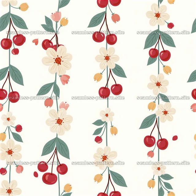 Cute cherry seamless pattern with flowers and stems arranged — seamless tileable pattern