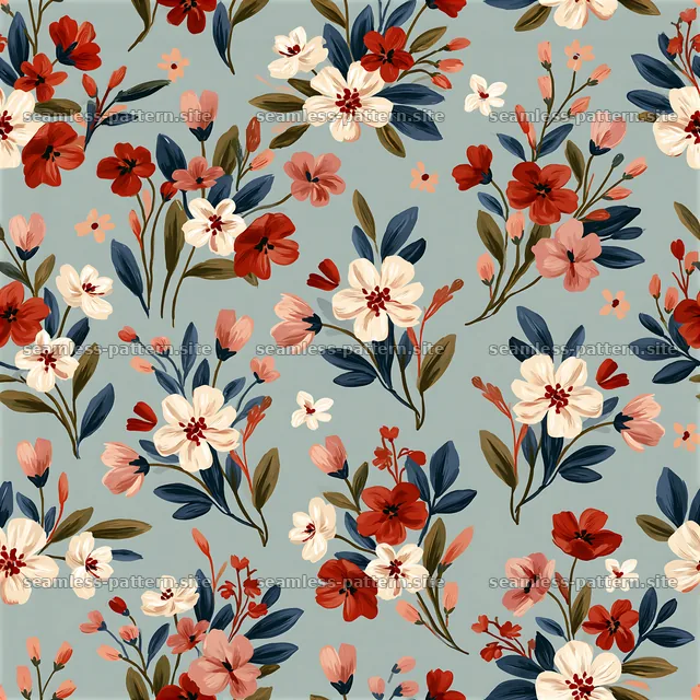 Floral pattern with flowers and leaves on a blue background — seamless tileable pattern